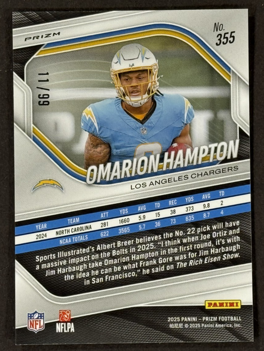 2025 Panini Prizm Omarion Hampton Blue Cracked Ice /99 Chargers RC Mint