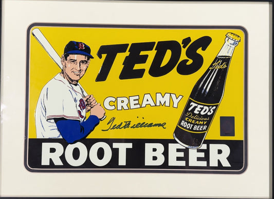 Ted Williams Signed Vintage Ted’s Creamy Root Beer Metal Tin Sign Red Sox GD COA