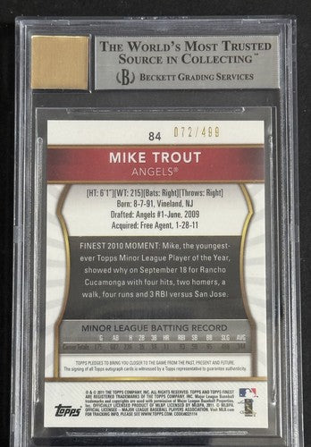 2011 Mike Trout Topps Finest Refractor Rookie /499 BGS 9 /10 Auto Mint Rc