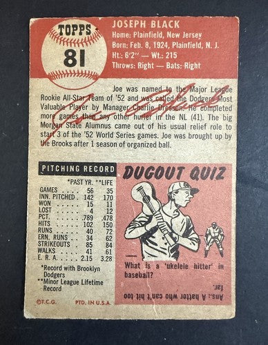 1953 Topps Baseball #81 Joe Black Short print Sp Brooklyn Dodgers Vg