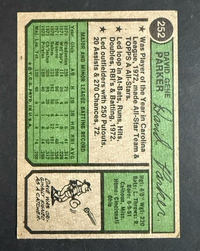 1974 Topps #252 Dave Parker Rookie EX + Dead Centered Nice Pirates HOF Rc