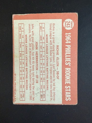 1964 Topps Baseball Phillies Rookie Stars #243 Richie Allen Rc HOF MK Loved Card