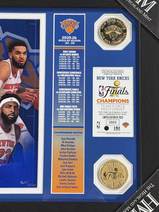 2026 NBA Finals Champions NY Knicks Photo Framed Highland Mint 2 Coin Brunson