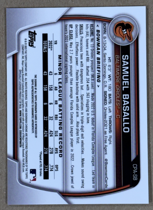 2023 Topps Bowman Chrome Prospect Samuel Basallo Auto #CPA-SB Orioles Rookie RC