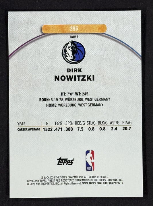 2026 Topps Finest NBA Dirk Nowitzki Green Refractor LE /25 Mavericks HOF Mint
