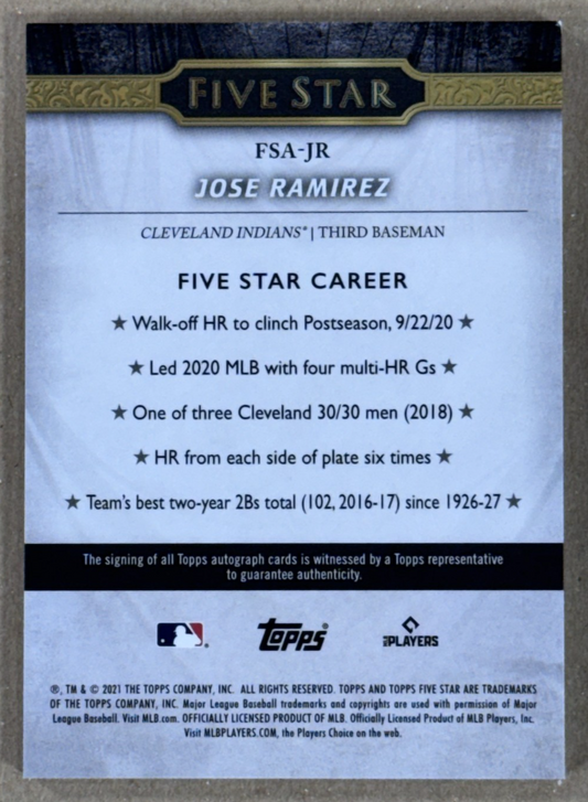 2021 Topps Five Star Jose Ramirez Auto #FSA-JR Cleveland Guardians