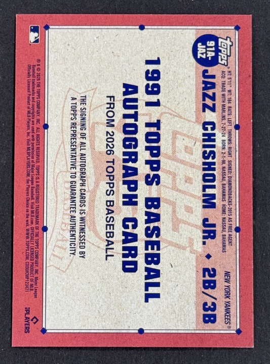2026 Topps Series 1 Jazz Chisholm Jr Red 1991 Auto LE /5 #91A-JAZ NY Yankees