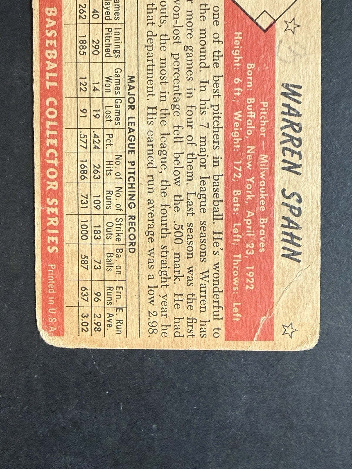 1953 Bowman Color Warren Spahn #99 low grade Loved HOF Milwaukee Braves