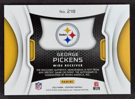2022 Panini Certified George Pickens Freshman Fabric Rookie Auto /15 Rpa Cowboys