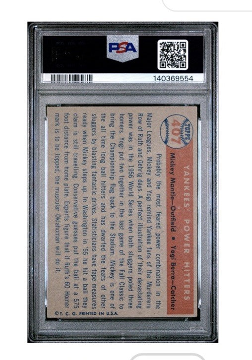 1957 Topps Yankees’ Power Hitters #407 Mickey Mantle & Berra PSA 4 Razor Sharp