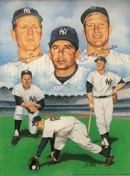 Mickey Mantle Billy Martin Whitey Ford Signed 19x25 Yankees Litho Photo Hunt Coa