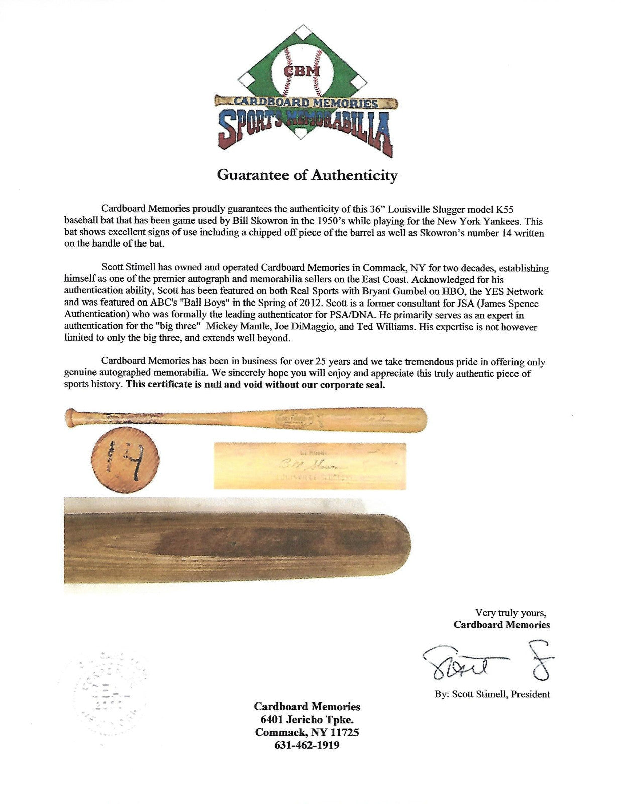 Bill Moose Skowron #14 Game Used 1950's K-55 LS Baseball Bat NY Yankees COA