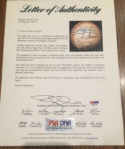Ny Mets 1975 Team Signed Baseball Tom Seaver Joe Torre Koosman 30 Auto Psa Coa