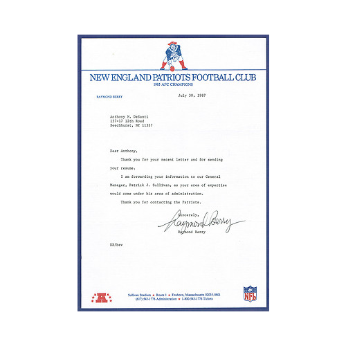 Raymond Berry Signed Auto New England Patriots Original Letter RARE