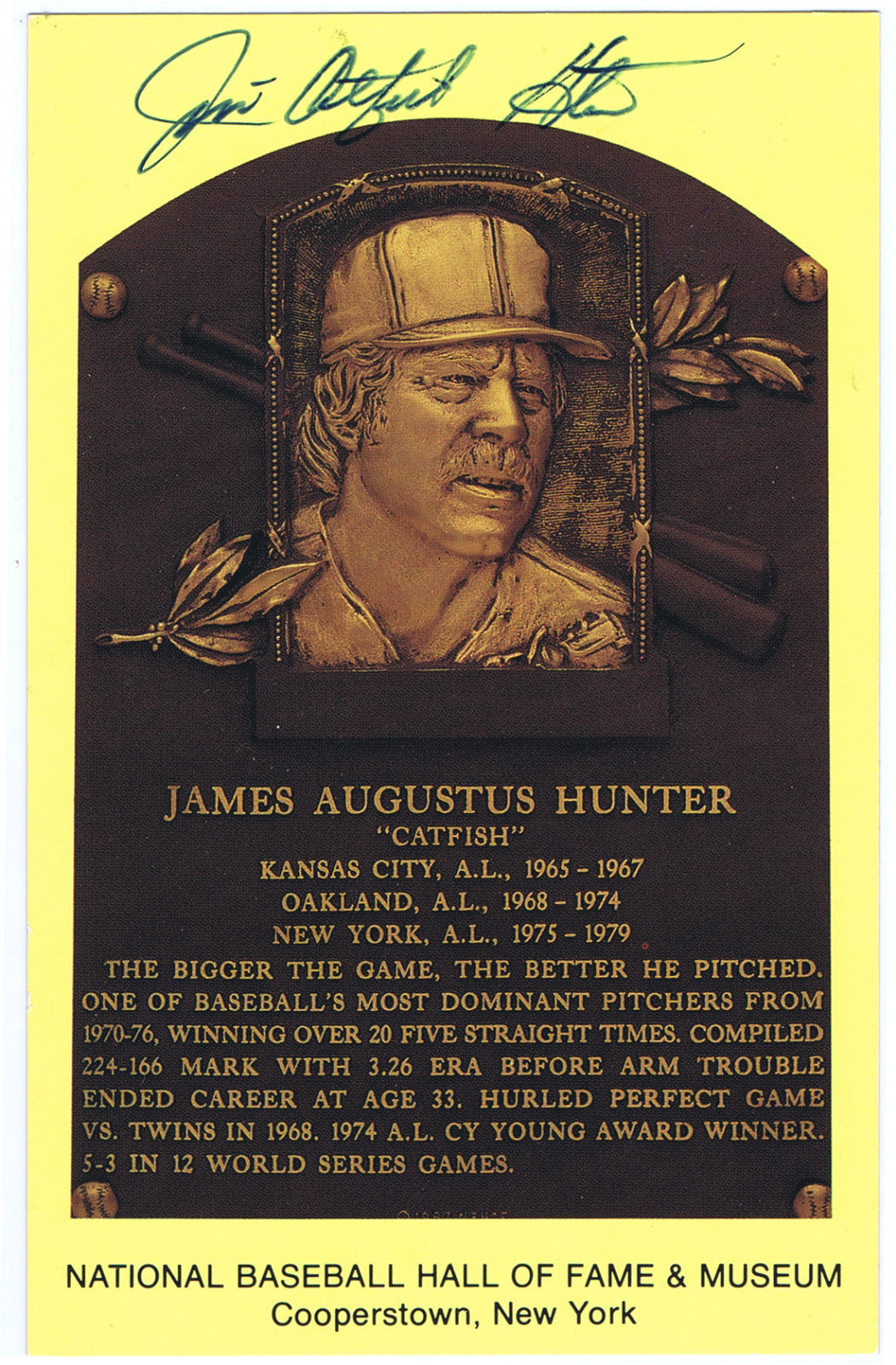 Jim Catfish Hunter Signed Postcard Hall of Fame HOF  Bold Mint Auto CBM COA Holo