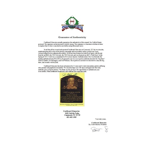 Jim Catfish Hunter Signed Postcard Hall of Fame HOF  Bold Mint Auto CBM COA Holo