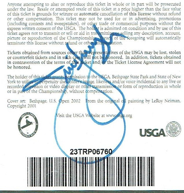 2002 US OPEN Golf TICKET JIM FURYK Signed Mint Autograph Cbm Coa