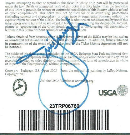 2002 US OPEN Golf TICKET JIM FURYK Signed Mint Autograph Cbm Coa
