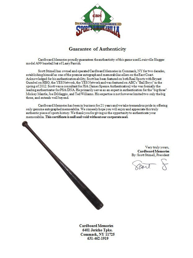 Larry Parrish Game Used Louisville Slugger Model A99 Baseball Bat Rangers COA