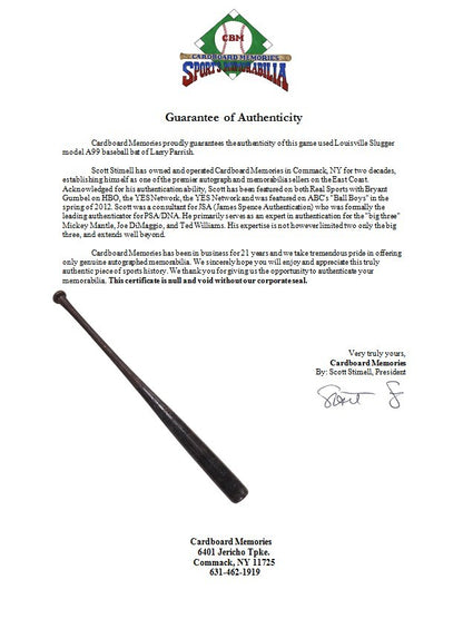 Larry Parrish Game Used Louisville Slugger Model A99 Baseball Bat Rangers COA