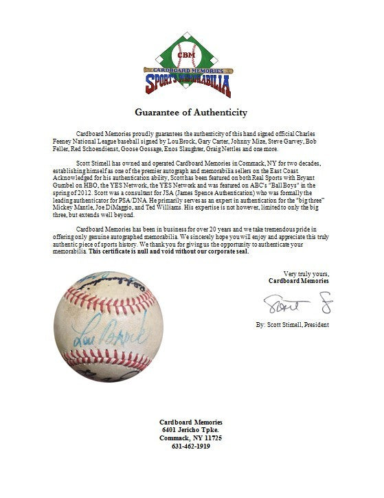 Lou Brock Gary Carter Garvey Feller HOF 10 auto Signed ONL Feeney Baseball COA