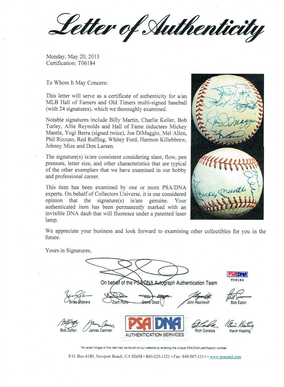Mickey Mantle Joe DiMaggio Red Ruffing Berra Signed Hof Baseball 24 Auto PSA Coa