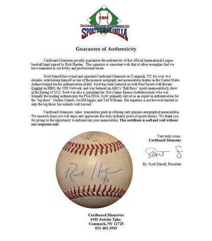 Rich Harden Signed Game Used Rookie International League Baseball CBM COA A’s
