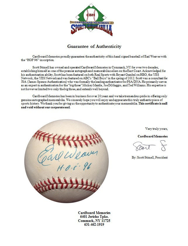 Earl Weaver Signed Official ALBaseball HOF 96 Autograph Orioles Manager Cbm COA