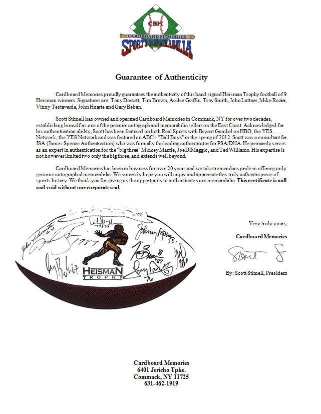 Heisman Trophy Winners Signed Football 9 auto Tim Brown Tony Dorsett Griffin COA