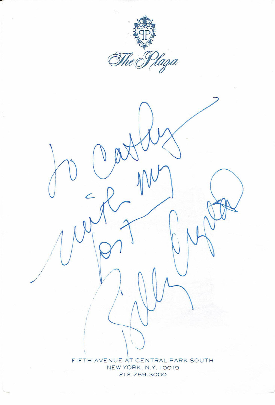 Billy Crystal Signed Vintage The Plaza NYC Paper with Ins. "With My Best" BOLD