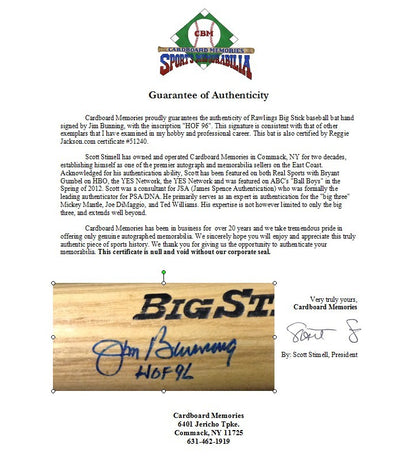 Jim Bunning Signed Rawlings Big Stick Bat Phillies HOF 96 Mint Auto CBM Holo COA