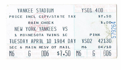 1984 Ny  Yankees Opening Day Ticket Stub Yankee Stadium Don Mattingly 4/10/1984