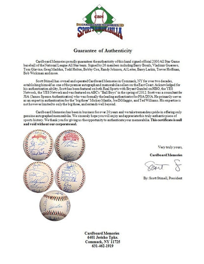 2000 NL All Star Team Signed Baseball 26 Auto barryBonds Guerrero Cox Maddux COA