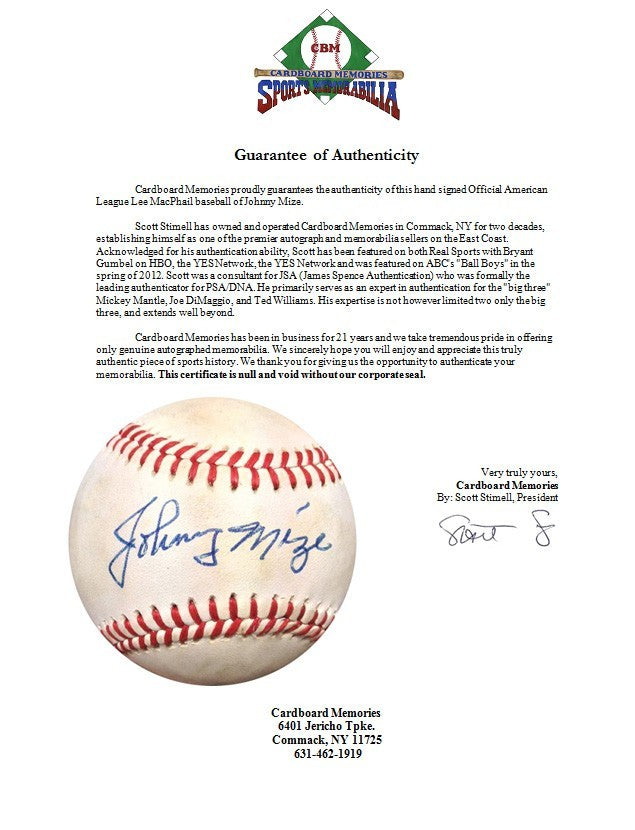 Johnny Mize Signed Vintage Official NL Baseball mint  Autograph CBM COA hof