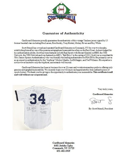 13 MLB Stars & Legends Signed Inscribed Vintage Yankees Jersey Larsen Guidry COA