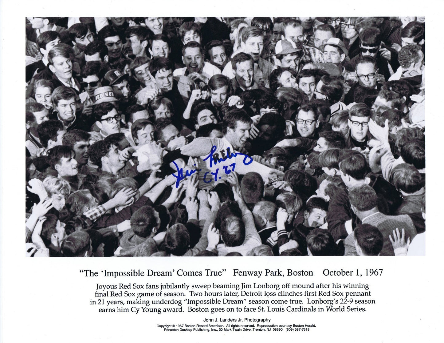 Jim Lonborg Signed 11x14 Photo Ins CY 67 Impossible Dream Red Sox Autograph COA