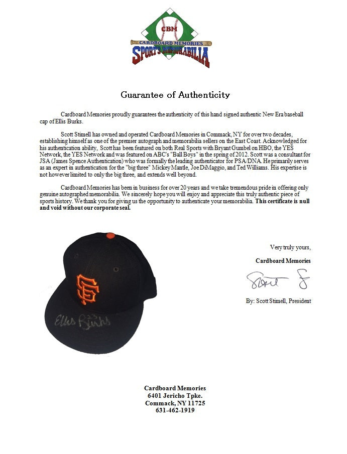 Ellis Burks Signed  San Francisco Giants New Era Authentic Hat Autograph cbm COA