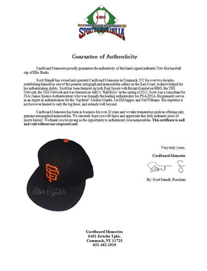 Ellis Burks Signed  San Francisco Giants New Era Authentic Hat Autograph cbm COA