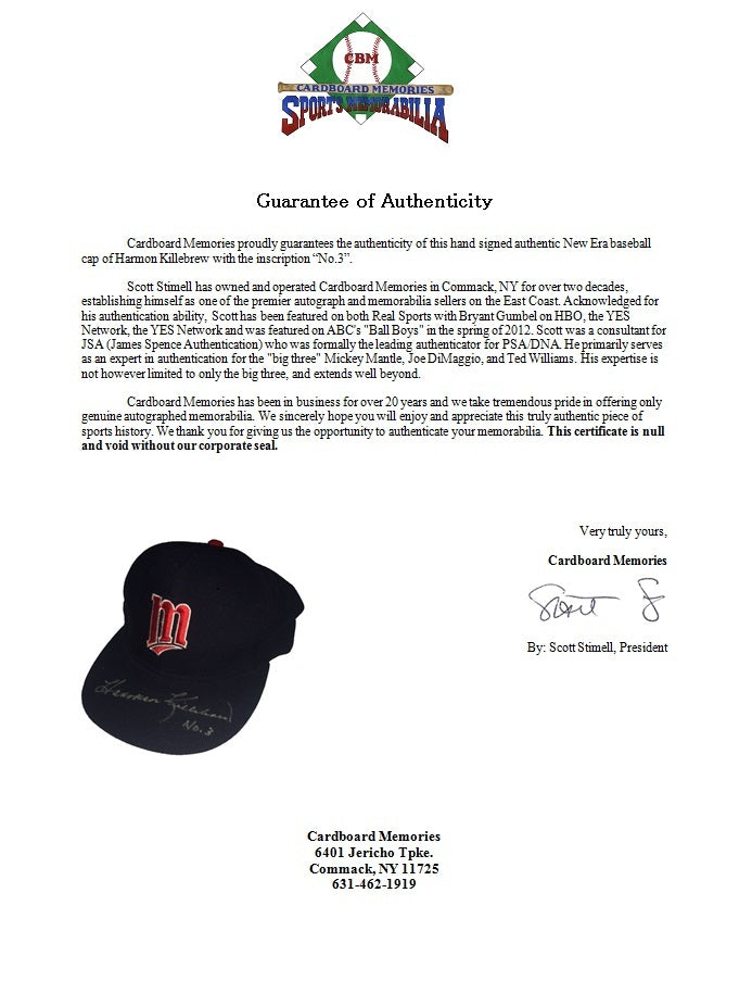Harmon Killebrew Signed Minnesota Twins New Era Hat Inscribed #3 Auto COA Hof