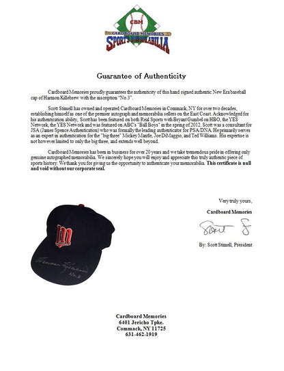 Harmon Killebrew Signed Minnesota Twins New Era Hat Inscribed #3 Auto COA Hof