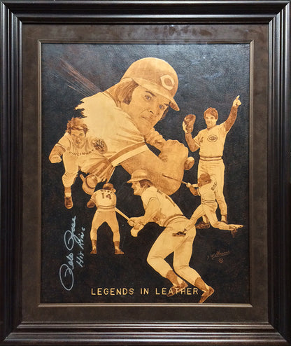 Pete Rose Signed Framed drawn Original Burned Leather 26x30 Artwork 1/1 Auto COA