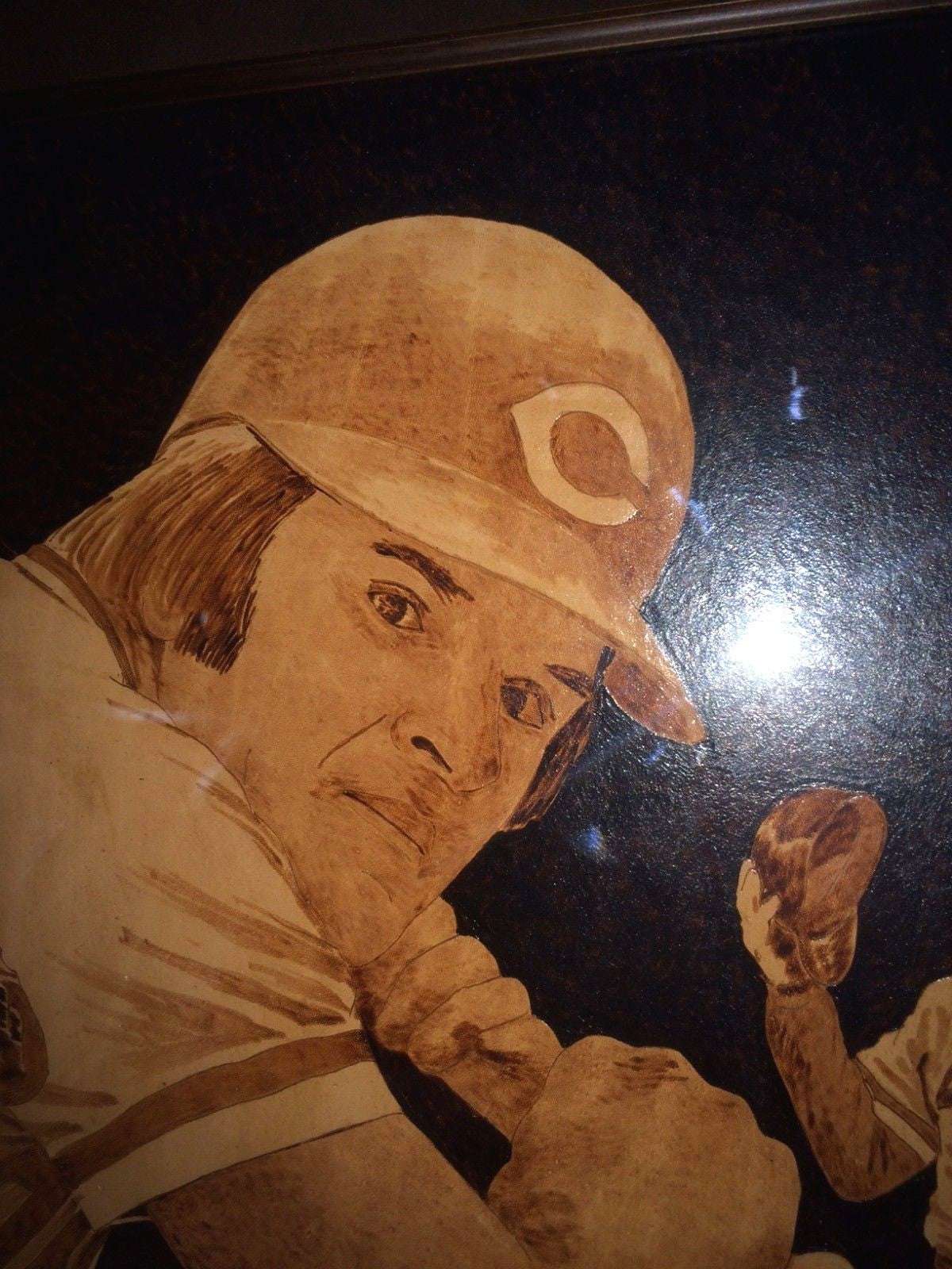 Pete Rose Signed Framed drawn Original Burned Leather 26x30 Artwork 1/1 Auto COA