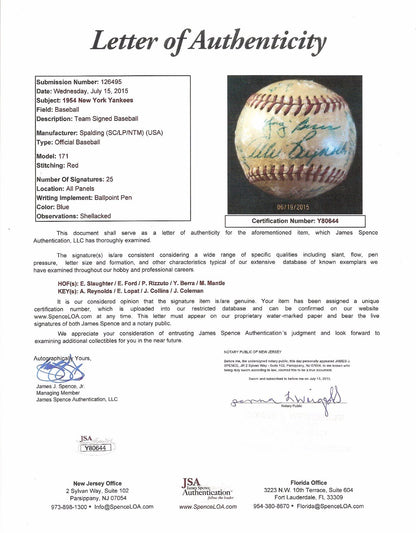 1954 Yankees Team Signed Baseball Mickey Mantle Yogi Berra Ford  25 Auto JSA Loa