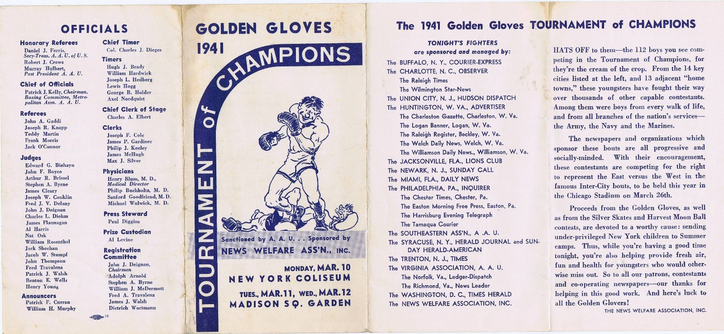 1941 Golden Gloves Vintage boxing Program Madison Square Garden RARE nm - mint