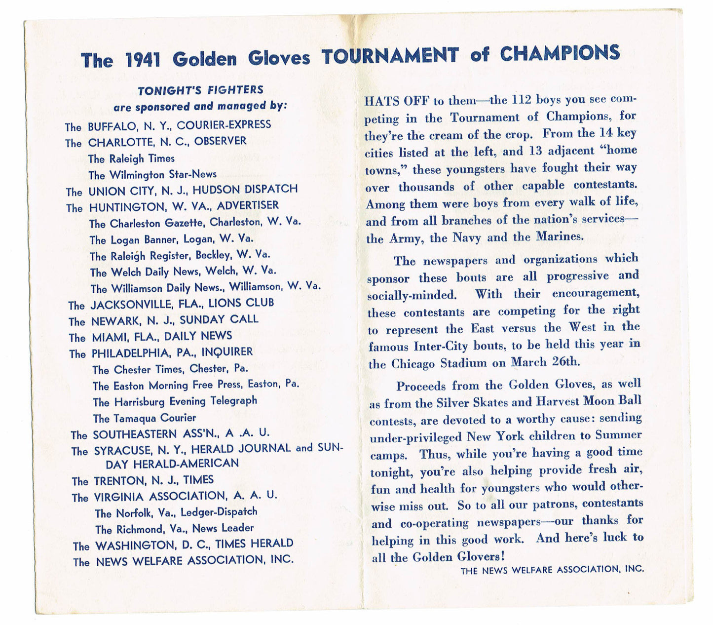 1941 Golden Gloves Vintage boxing Program Madison Square Garden RARE nm - mint
