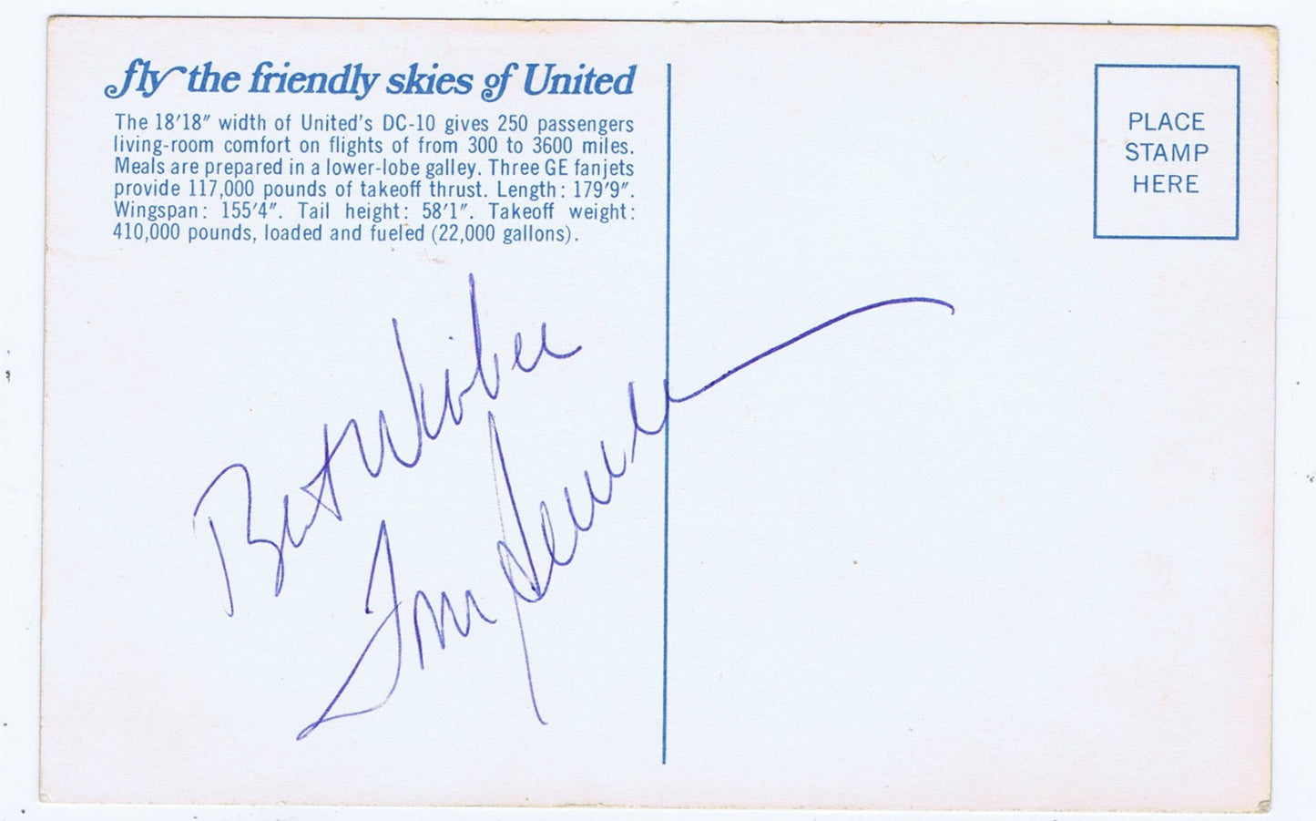 Tom Seaver Signed United Airlines Postcard Vintage 1970 Autograph Mets Cbm Coa