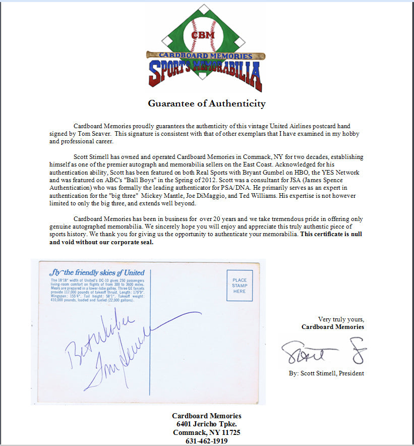Tom Seaver Signed United Airlines Postcard Vintage 1970 Autograph Mets Cbm Coa