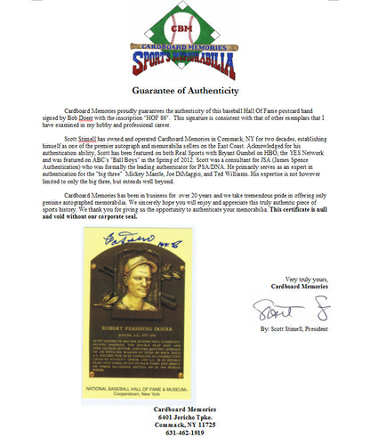 Bobby Doerr Signed Hall Of Fame  Postcard Plaque Ins HOF 86 Red Sox Auto cbm COA