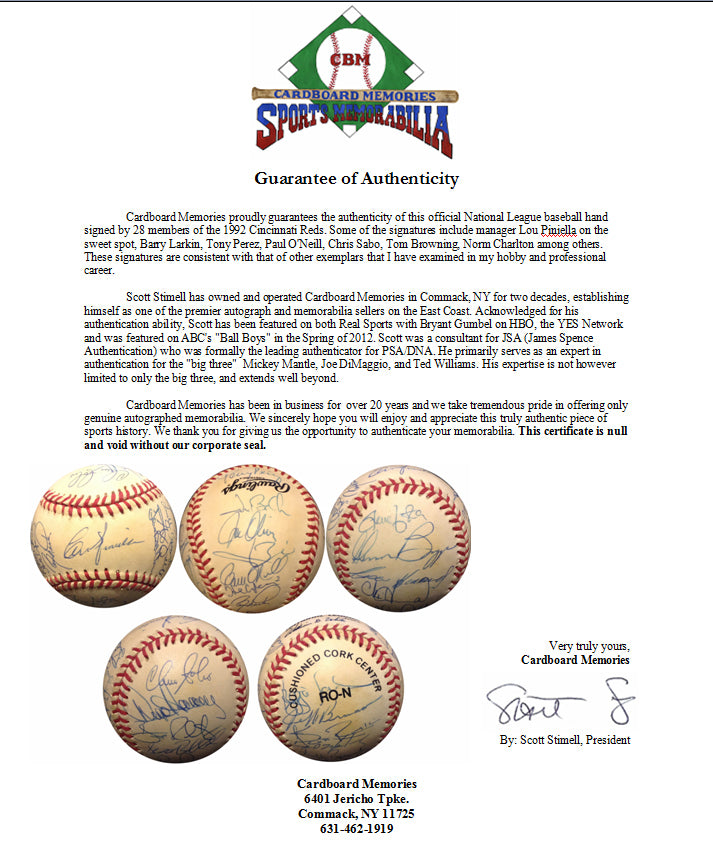 1992 Cincinnati Reds Team Signed NL Baseball 28 Autos Piniella Larkin Perez COA
