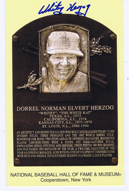 Whitey Herzog Signed Hall Of Fame Yellow Postcard Plaque HOF Manager Auto COA